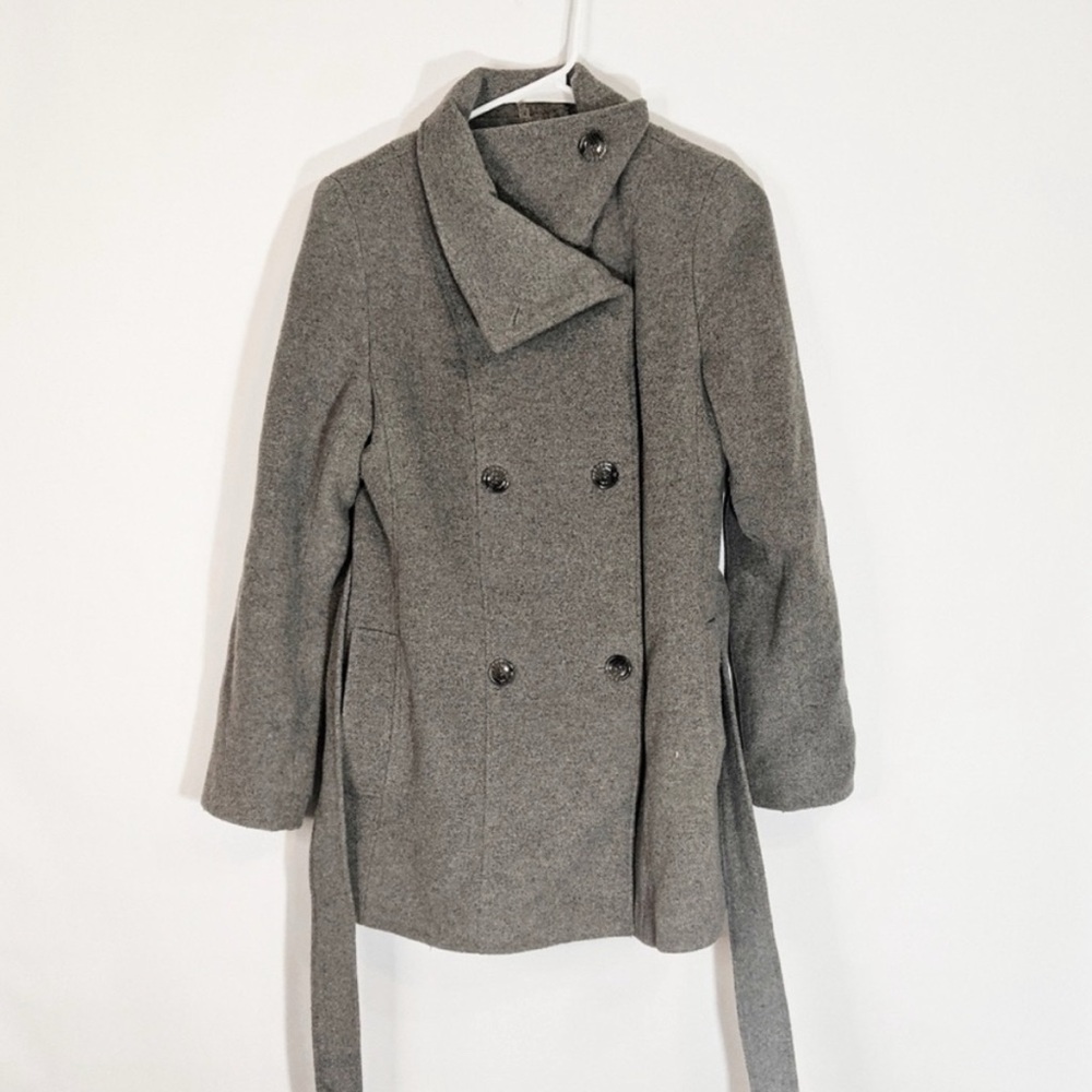 Gray wool double breasted peacoat with belt and high wrap collar